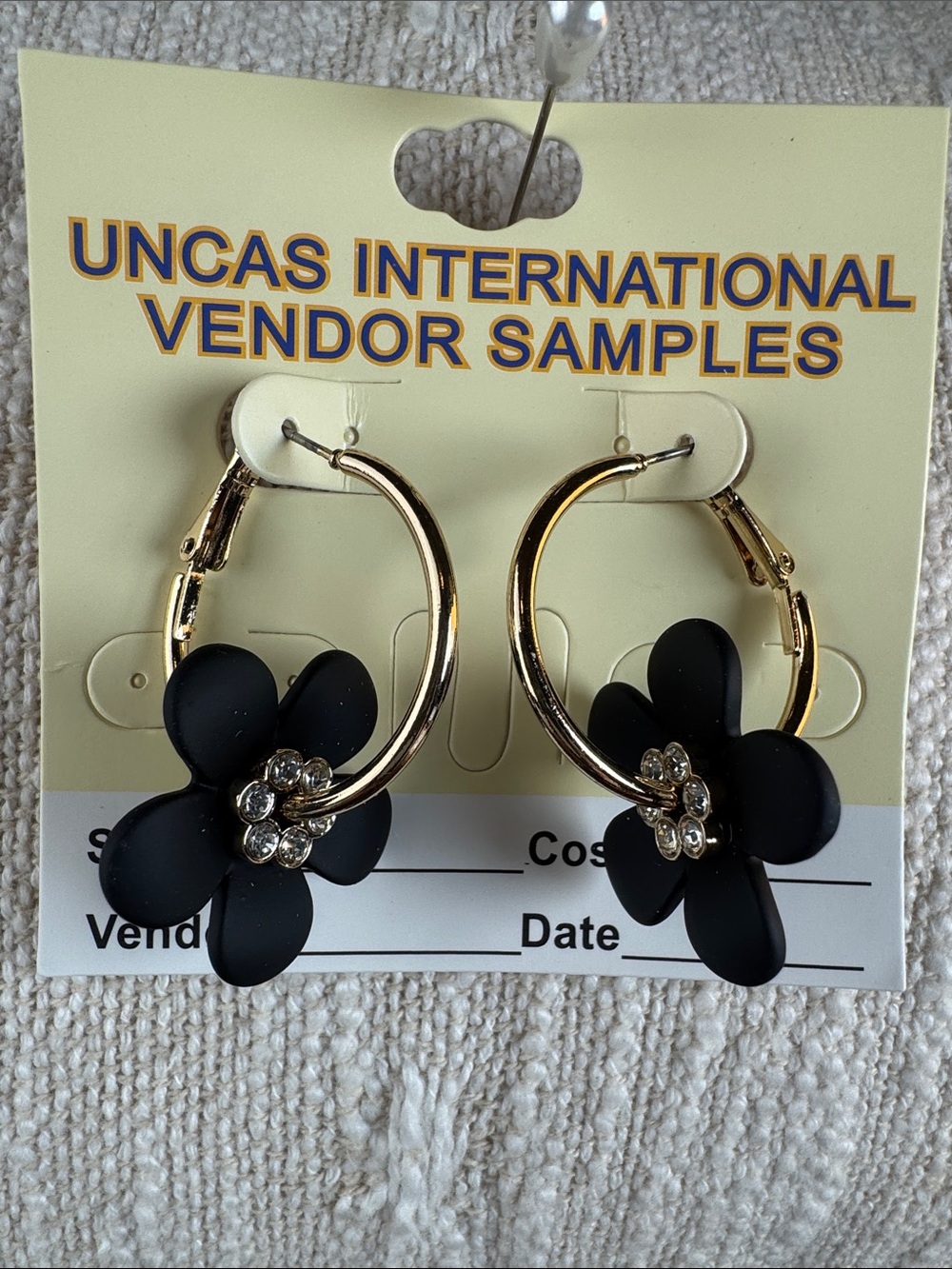 0773-Black Flower Hoop Earrings with Crystal Accents